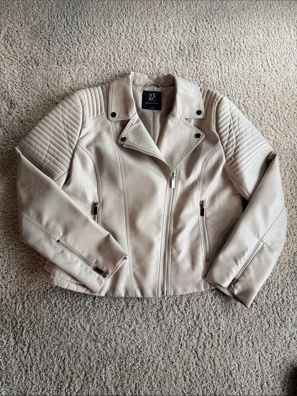 New York & Company Cream Quilted Shoulder Moto Jacket